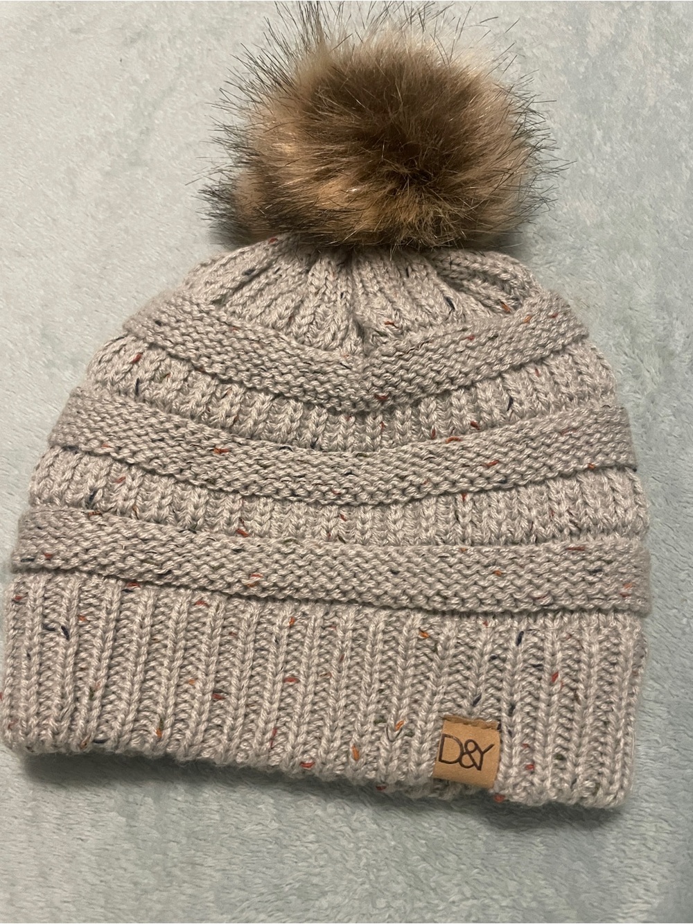 David and Young Kids Knit Pom Beanie in Beige with Brown Pom